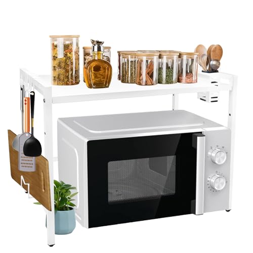 Expandable Microwave Oven Rack,2 Tier Microwave Shelf Stand Storage Holder,Adjustable Kitchen Counter Organizer Shelf Stand with 6 Hooks for Worktop Pots,Pot Pan Grill Storage Racks 40-60cm