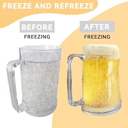 Image of Lily's Home Freezer Beer Mugs with Handles, 16 oz Set of 4 - Clear Frosted Double Wall Insulated Acrylic, Gel-Filled, Break-Resistant for Home Bar, Pool Parties, BBQ & Outdoor