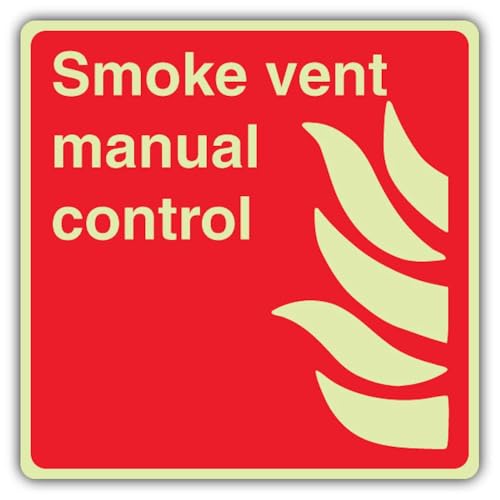 V Safety - Señal de seguridad fotoluminiscente para ventilación de humo, control manual, cuadrada, 80 x 80 mm, plástico rígido de 1,2 mm, brillo estándar