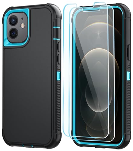 Image of SunStory Compatible with iPhone 12 /12 Pro Case with HD Screen Protector, 3-Layer Heavy Duty Full-Body Cover,3 in 1 Hybrid Protective Case for iPhone 12 /12 Pro 6.1 inch, BlackSkyBlue