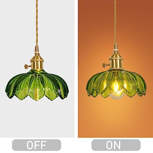 Shenmoyl 1-Light Pendant Light Green Glass Hanging Light,E26/E27 Drop Ceiling Light Fixture Lamp For Farmhouse Kitchen Island Bedroom 7.87 Inch Diam W/Retro Scindapsus Lampshade Pattern Lampshade #TOP3