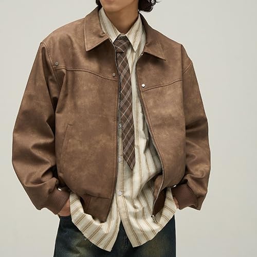 Mens Loose Bomber Leather Jacket Vintage Zipper Motorcycle Leathers Coat Winter Lapel Trucker PU Jackets4