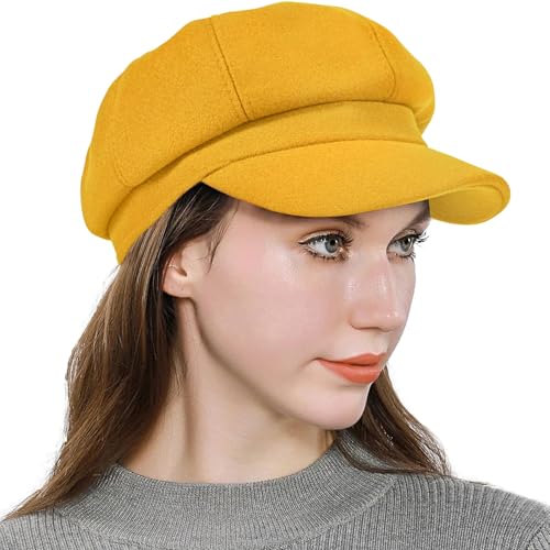 Womens Newsboy Cap Wool Blend Retro Solid Color Girls Fashion Gatsby Cabbie Visor Beret Hat Yellow