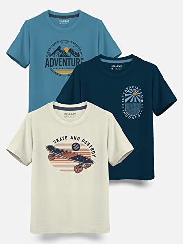 Image of HELLCAT Boys Round Neck Printed Blended Cotton Tshirt -Combo Pack of 2 - Orange /Blue