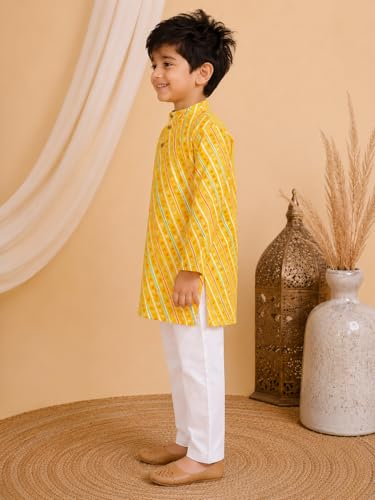 Image of superminis Cotton Boys Sanganeri Lehariya Printed Kurta Set with White Pyjama Elastic Closure