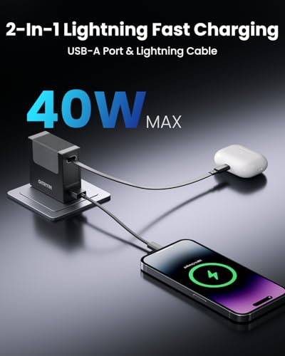 Image of Gitryin Portable Charger Block, Retractable Wall Charger, 40W PD Fast Charging Block with 33.5in Lightning Cable, Power Adapter with Foldable Plug for iPhone14 /13 /12, Black