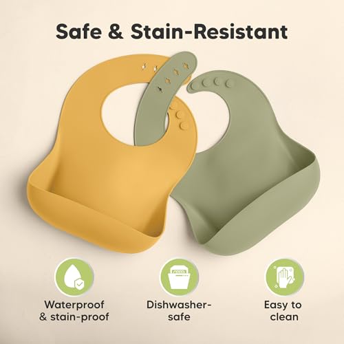 Image of KeaBabies 2-Pack Silicone Bibs for Babies, Toddlers Girl, Boy (Forest) | Sturdy Food-Grade Baby Bibs for Eating, Large Food Catcher, Easy Clean & Put On, Waterproof Baby Feeding Essentials, BPA-Free
