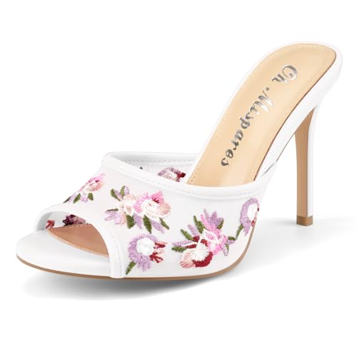 Oh Mispares Heeled Mules for Women High Heel Floral Sandals Mesh Embroidered Stiletto Slip-on Open Toe Elegant Dress Shoes for Wedding Prom Party