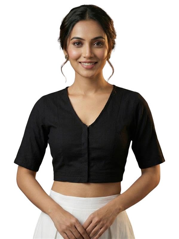 Image of Yash Gallery Women's Stretchable Rayon Lycra V-Neck Short Sleeve Front Open with Hook Stylish Crop Blouse Top for Ethnic Beige Designer Festive Choli Blouse