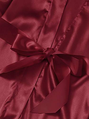 Lyaner Women's Lace Cami Top And Shorts Satin Silk Lingerie Set With Robe Pajamas Sleepwear Burgundy Large #TOP3