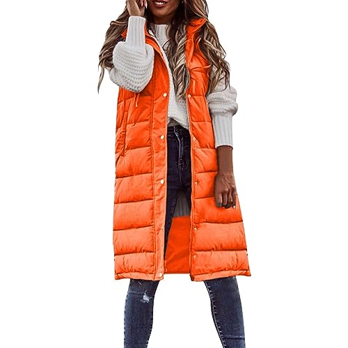 Zyuoel Cozy Orange Long Puffer Vest for Women – Stylish Sleeveless Quilted Jacket with Pockets in 3X-Large Size - Image 2