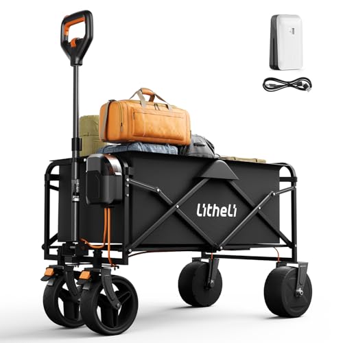 Litheli Outdoor Cart Electric Handcart Foldable Double Motor with Brakes 100L 50 kg Load Capacity Folding Handcart Suitable for Camping, Garden, Beach, Shopping (Black)