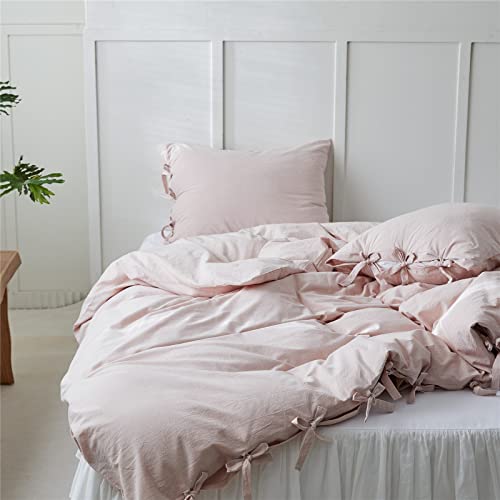 Biselina 100% Washed Cotton Duvet Cover Set 3Pcs With Bowknot Ties Strap Solid Color Linen Like Textured Durable Breathable Soft Comfy Chic Bedding (Queen, Pale Pink) #TOP7