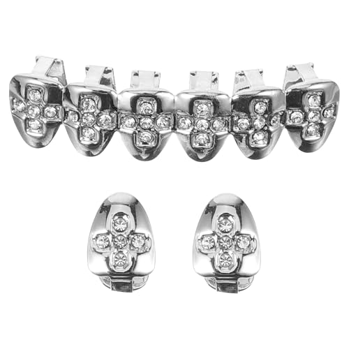 CLISPEED Cross Rhinestone Mouth Grills Silver Plated Fake Hip Hop Dental Grill Accessories for Men Women Party Fashion Socket
