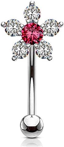 Forbidden Body Jewelry 16g 6mm Curved Barbell for Daith, Eyebrow, Rook & Belly Button w/CZ Floral Top, Clear/Pink