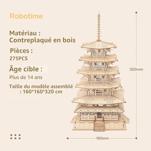 Kit de construction Robotime pagode puzzle 3D en bois premium - 3