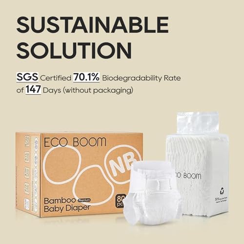 Image of ECO BOOM Newborn Diapers, Natural Soft Disposable Nappies for Infant, Hypoallergenic, Size 1 Suitable for up to 10 lbs (X-Small - 80 Count)