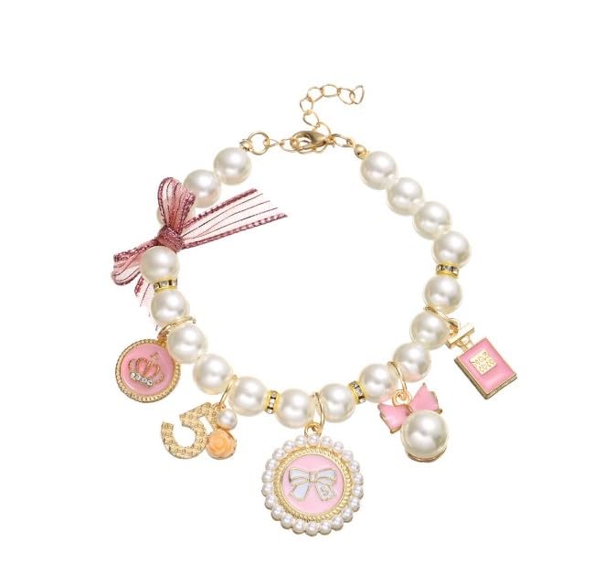 Pink Dog Pearl Collars Pet Necklace Princess Bow Necklace Sweet Bow Cute Collar Puppy Accessories Cat Jewelry Pearl Neck Strap Basic Collars for Dog