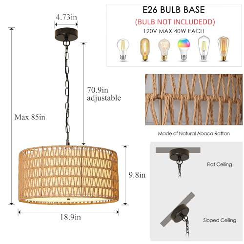 Munbea FH-CH-20230110-5 18.9'' Boho Chandelier Lighting For Dining Room, 5 Lights Rattan Chandelier With Fabric Shade, Rustic Large Pendant Light For Kitchen Island thumb #3