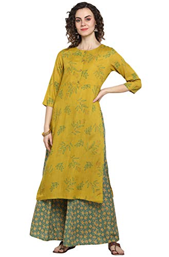 Janasya Indische Damen Zitronengelb Rayon Slub Kurta mit Palazzo - Gelb - Groß Cover