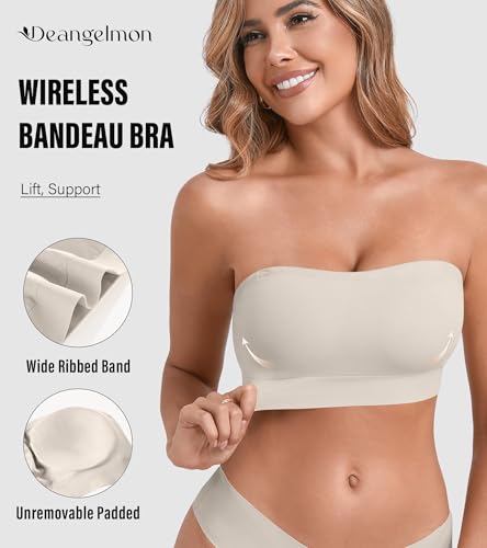 Image of DEANGELMON Strapless Bras for Women Wireless Push Up Non-Slip Bandeau Bra Seamless Clear Straps TubeTop Padded Bralette