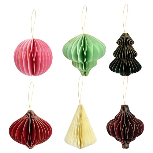 6 Stück Baumschmuck Papier Weihnachtsbaum Deko Christbaumschmuck Weihnachten Hängende Ornamente 3D Mini Glitter Rand Papier Waben Deko für für Weihnachtsbaum und Tischdeko (Mehrfarbig B)