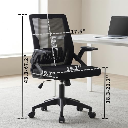 Ergonomic Mid Back Office Chair 300 LBS Capacity Mesh Small Desk Chair Swivel Comfortable Gaming Chair Adjustable 4cm Sliding Flip-Up Armrests for Long Hours Home Office Use,Black image 2