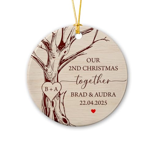 Our Second Christmas Together Ceramic Ornament 2025, Personalized Names & Date Married Anniversary Christmas Ornament Gift, Our 2nd Xmas Together Ornament for Couple Anniversary, Custom Ornament