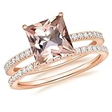 2. Carat Princess Cut Morganite & White Diamond Solitaire Accent Engagement Ring With Matching Band For Women, 14K Rose Gold Plated 925 Silver Morganite Bridal Ring Set