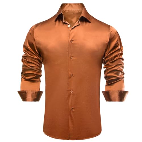 Image of Hi-Tie Men's Silk Satin Dress Shirts Long Sleeve Shiny Casual Button Up Shirts Luxury Party Disco Prom Wedding Shirt