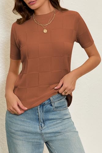Image of Cakulo Women's Short Sleeve Summer Sweater Knit Tops | Checkered Pattern, Crew Neck, Lightweight Knit, Pullover Sweaters, Business Casual Work Tops Basic Clothes
