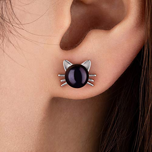 .925 Sterling Silver Cute Cat Kitty and Freshwater-Cultured Pearl Stud Earrings3