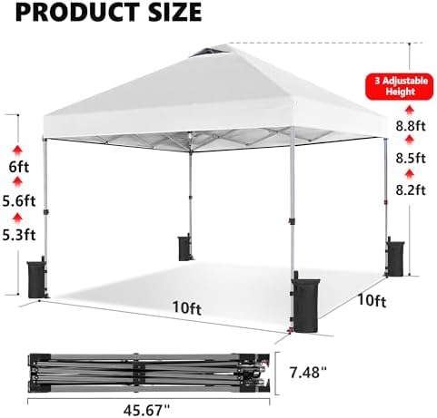OLIXIS 10x10ft 1-Person Pop Up Canopy Tent, Heavy Duty One Push Setup Portable Outdoor Shelter for Beach Events Camping with Rolling Carry Bag, Snow White