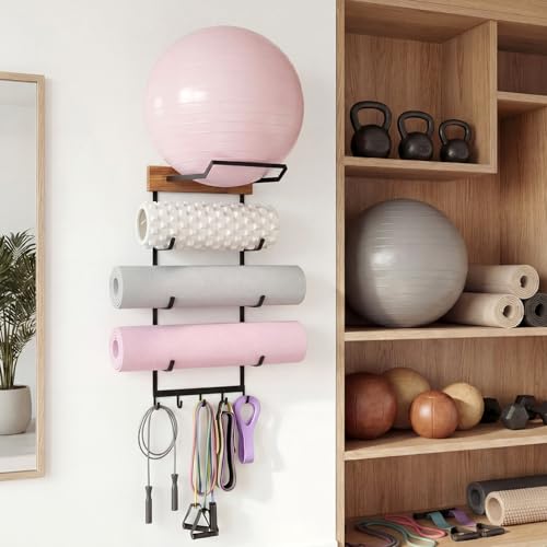 Image of Geelin Yoga Mat and Ball Holder Wall Mount, 4-Tier Yoga Mat & Ball Storage Rack, Home Gym Organizer, Black Metal Floating Shelf for Hanging Foam Rollers & Resistance Bands(5 Hooks Style,Wood Color)