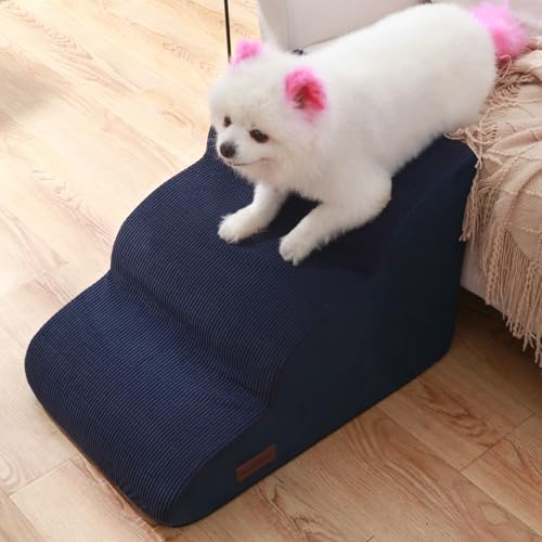 Image of Dog Stairs and Steps for Beds Or Couches, 3-Step Pet Stairs & Steps for Small Dogs and Cats, Soft and Non-Slip Dog Ramp for Older Dogs,Pet with Joint Pain,Easy to Walk | 15.7 inch H Non-Slip Sturdy Dog Steps with Curved Ramp for Senior,Short-Legged Dogs,Puppy and Cats to Reach Sofa or Chair,Blue