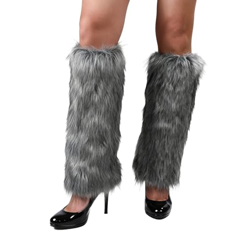 WMG Furry Faux Fur Leg Warmers Artificial Fur Long Boot Covers Fluffy and Stretchy Leg Warmers For Christmas Cosplay(Gray-White)