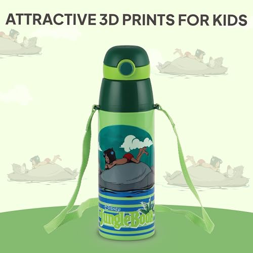Image of CELLO Kidzbee Orb 600 Inner Steel Insulated Water Bottle 500 ml, Green | 3D Touch & Feel Jungle Book Design, Leakproof Flip Top Spout, Easy to Carry, Cold Water Bottle for Kids School