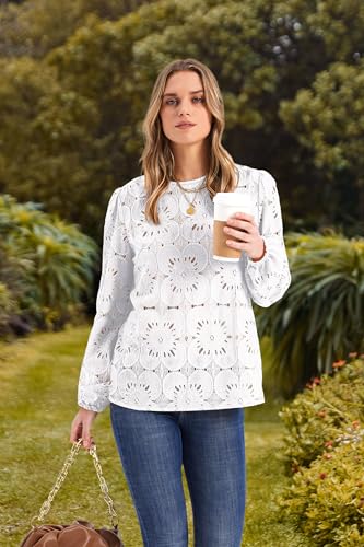 Image of OFEEFAN Blouses for Women Dressy Casual Spring Tops 2026 Summer Outfits Flower Lace Crochet Long Sleeve Shirts