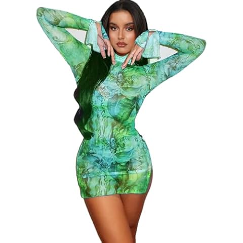 Mesh Long Sleeve Dress Women Summer 2023 See Through Sheer Cover up Mock Neck y2k Sexy Bodycon Floral Bell Sleeve Outfits Rave Club Party Night Out Mini Dresses (L, Floral Mesh Green) Cover
