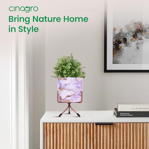 Image of CINAGRO Metal Flower Vase Planter Pot with Iron Stand, Pots for Plants, Plant Pots for Home Decoration, Succulent Pot, Indoor Planter Garden Decor Style: Marble Mirage White