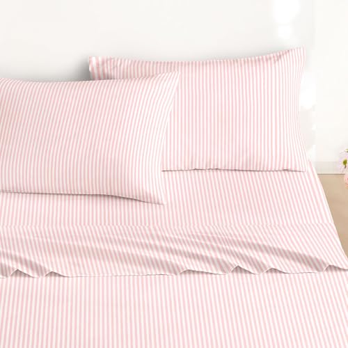 Image of Wake In Cloud - Striped Bed Sheets, 4-Piece Sheet Set, Ticking Vertical Pin Stripe Modern Farmhouse Pattern Printed Bedding, Deep Pocket, Pink White, Queen Size