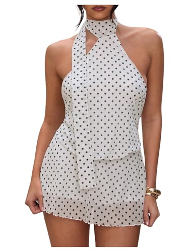 SOLY HUX Women's Polka Dots Halter Mini Dress Backless Sleeveless A Line Party Summer Dresses White Polka Dots Small