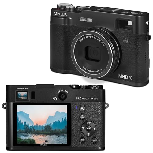 Minolta Retro Digital Camera – 48MP Autofocus Compact with 5K Ultra HD Video, Rear Selfie Lens, 16x Zoom, WiFi, 2.8-inch LCD Screen, Digital Stabilization, Optical Viewfinder, 32GB Card (Black) by Minolta - Used condition - US$107.08