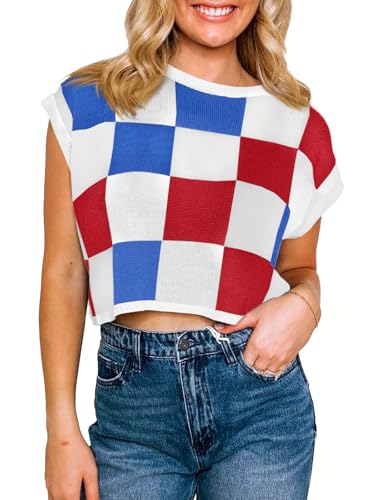 Image of Saodimallsu Womens Cap Sleeve Crop Tops Summer Color Block Going Out Crew Neck Knit Trendy Casual Sweater