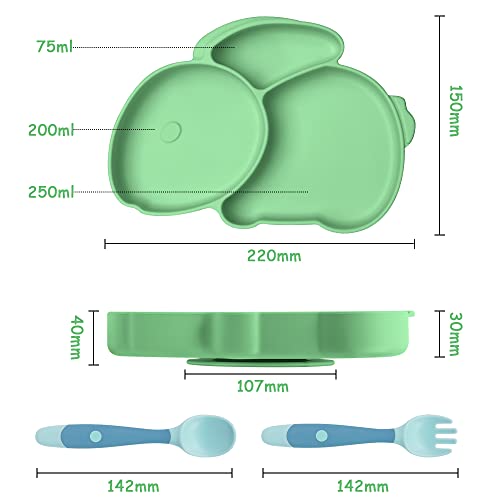 Vicloon Silicone Baby Suction Plates for Toddler Kids Self Feeding Non Slip Weaning Plate for High Chairs and Tables (Green) - Image 2