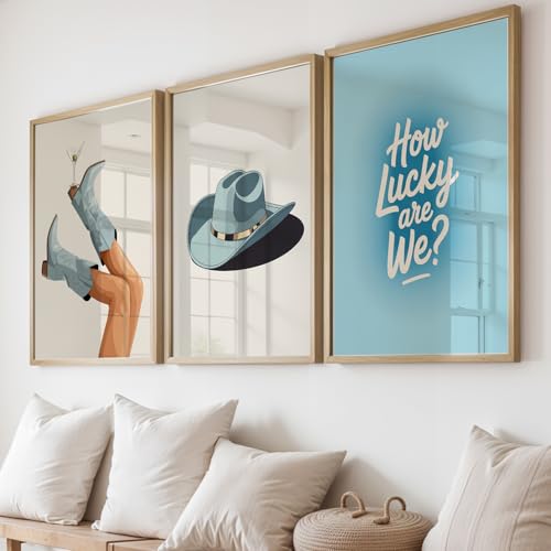 Image of NoWorries Cowboy Western Wall Art Framed Painting Set of 3 | Boots, Hat & inchHow Lucky Are We inch Quote Prints with Frame | Vintage Western Aesthetic Decor Frames | Rustic Country Wall Art for Living Room, Bedroom and Bar, Framed Artwork Ready to Hang (Art-5, 13x19inch, Wooden)