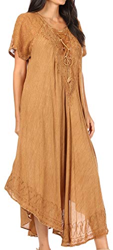 Image of Sakkas Egan Long Embroidered Caftan Dress /Cover Up with Embroidered Cap Sleeves