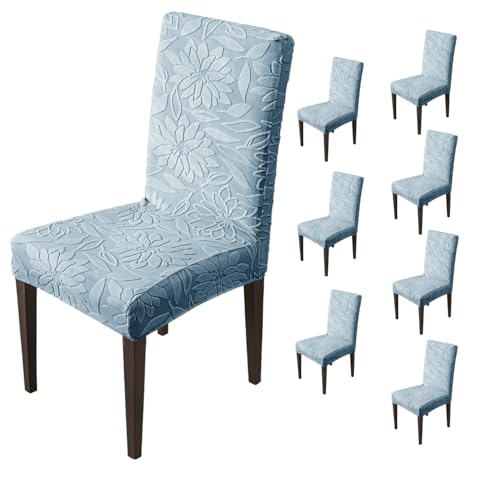 Image of House of Quirk Stretchy Universal Camellia Jacquard Waterproof Chair Cover Removable & Washable Short Dining Chair Cover Protector Seat Slipcover (Light Blue,Pack of 8)