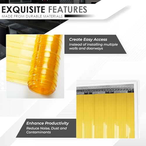 Image of Ribbed Yellow PVC Strip Curtain 7 inch Width x 78.7 inch Height - Plastic Vinyl Door Strips for Food Processing, Warehouse and Commercial Kitchen Anti-Scratch Door Curtain AP1474