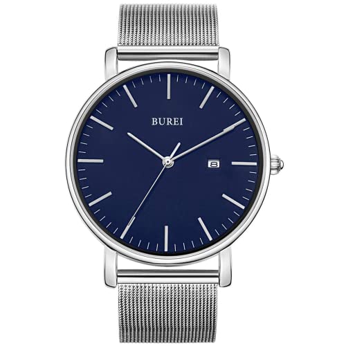 BUREI Ultra Dünne Uhren Herren Analoges Datum Armbanduhr Herren mit Japanisches Quarzwerk, Geschenke für Männer (Silber Blau, Edelstahl)